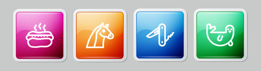 Set line Hotdog sandwich, Horse, Swiss army knife and Fur seal animal. Colorful square button. Vector