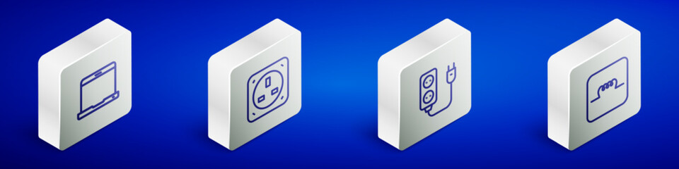 Set Isometric line Laptop, Electrical outlet, extension and Inductor in electronic circuit icon. Vector