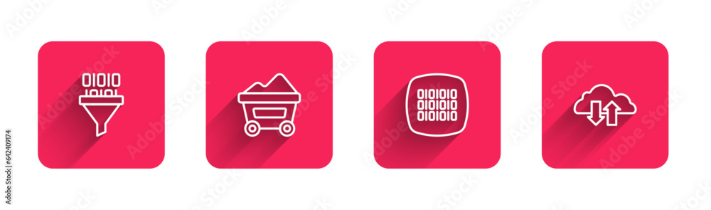 Poster set line binary code, coal mine trolley, and cloud download and upload with long shadow. red square 