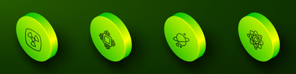 Set Isometric line Radioactive, Processor CPU, Planet Saturn and Atom icon. Vector