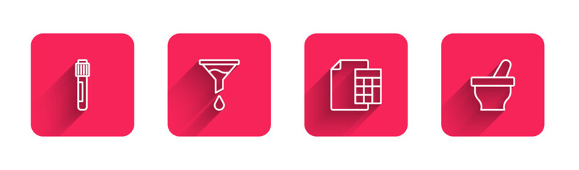 Set line Test tube, Funnel or filter, Calculator and Mortar and pestle with long shadow. Red square button. Vector