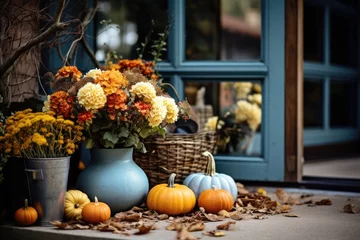Foto op Canvas Autumn home decor design halloween style of fall leaves and pumpkins © Gizmo