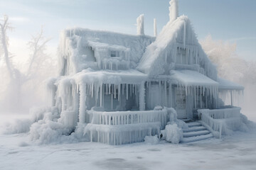 icy house, cold winter, climate change - obrazy, fototapety, plakaty