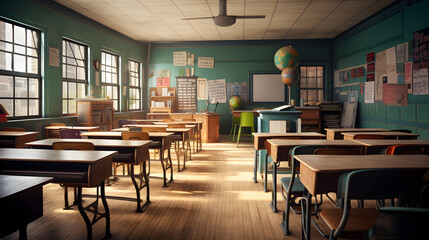 A classroom perfectly set up for the first day of school features desks, chairs, and a chalkboard. The high-detail photography captures the anticipation in the air.