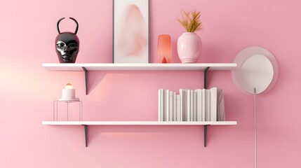 Pink virtual background with wooden bookshelf