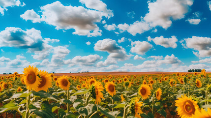 Obraz premium A vibrant sunflower field stretching as far as the eye can see, under a blue sky