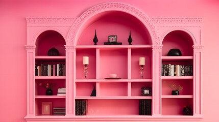 Pink virtual background with wooden bookshelf