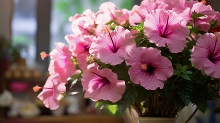 Pink Hibiscus flowers in a Vase, Isolated in a Flower Store. Mother's day concept with a copy space. Valentine day concept with a copy space. Greeting Card Concept.