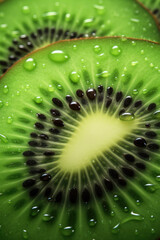 Close-up generated photorealistic image of a kiwi slice with water drops