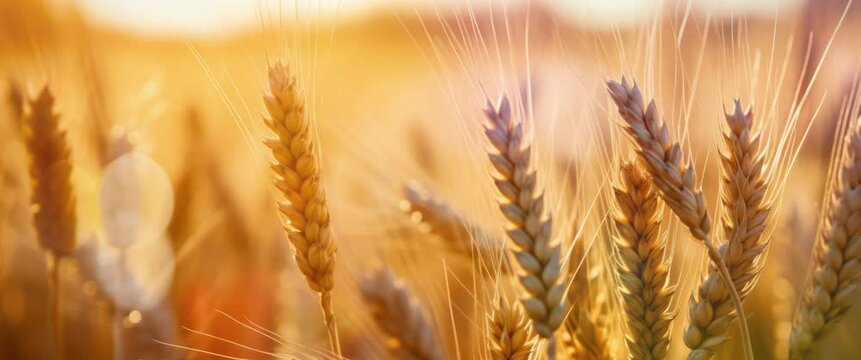 Anamorphic video a golden wheat field in the at sunset. Nature landscape concept. Countryside. Close-up. Blurred background