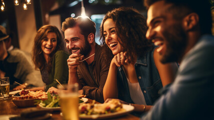 Obraz premium happy young people having dinner in the evening in a restaurant