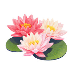 Beautiful pink lotus, waterlily flower on white background. flower and leave cartoon illustration.