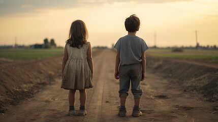 couple of kids standing next to each other on a dirt road