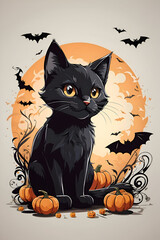 Halloween background with black cat and pumpkins. Vector illustration.