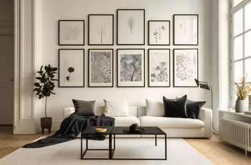 Living Room Filled with White Wall Frames and Large Pillows: Cozy Interior Decor