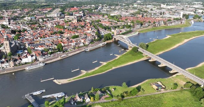 Aerial drone view of Wilhelminabrug in Deventer, the Netherlands
