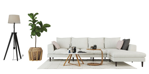 Interior furniture set 3D render. Living room house floor template background mockup design , isolated on transparent background