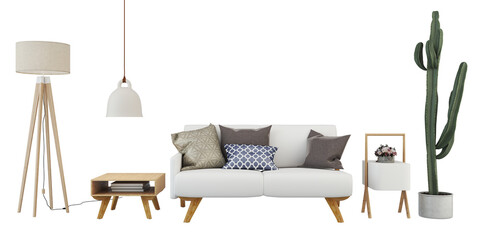 Interior furniture set 3D render. Living room house floor template background mockup design , isolated on transparent background