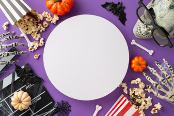 Immerse yourself in ambiance of Halloween horrors as you gaze upon cinematic and ghostly decorations from an elevated perspective on purple isolated background with empty circle for your messages
