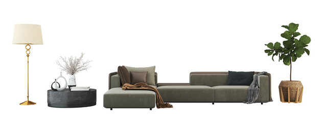 Interior furniture set 3D render. Living room house floor template background mockup design , isolated on transparent background