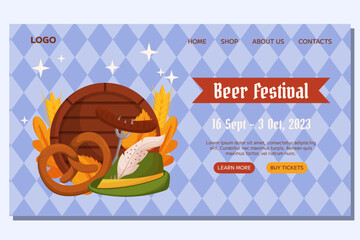 German beer festival Landing template design. Design with Tyrolean hat, fork with grilled sausage, pretzel, wooden barrel, wheat and leaves. Light blue rhombus pattern