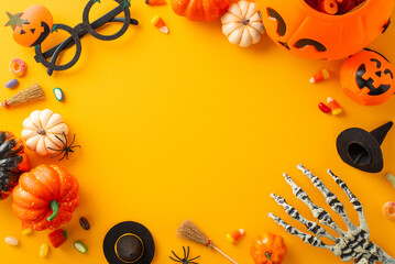 Engaging children's Halloween candy quest. Top-view photo featuring a pumpkin basket, candies, and Halloween decorations on an orange isolated backdrop, offering space for text or promotional content