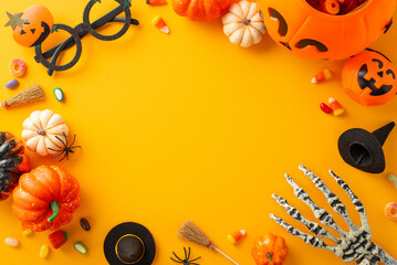 Engaging children's Halloween candy quest. Top-view photo featuring a pumpkin basket, candies, and...