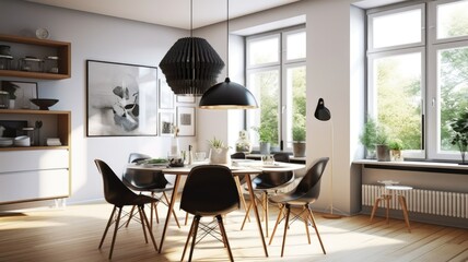 Interior design inspiration of Scandinavian Mid-century Modern style home dining room loveliness decorated with Wood and Plastic material and Graphic Prints .Generative AI home interior design .