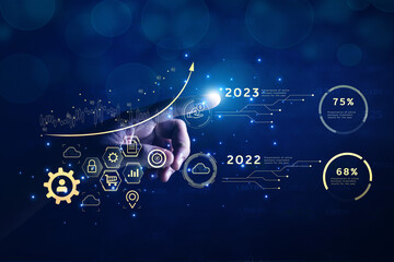 2023 business concept, businessman or engineer Show the trend of driving digital currency to develop online business.	