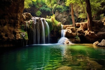 "Tranquil Waterfall in Crystal Clear Waters". Digital Poster. Ai generated.