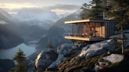 View of modern eco cabin house in minimal nordic style located on a rock mountain stunning view, blue sky background, Contemporary residence design. 3D rendering