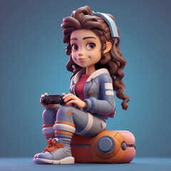 3D cartoon character of a woman playing a video game, very nerd, beautiful, young, colorful