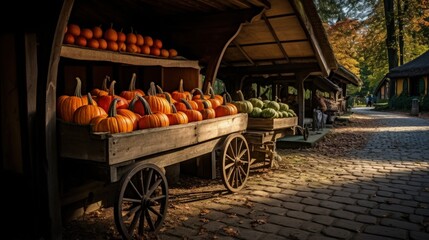 Fototapeta na wymiar A rustic wooden cart overflowing with vibrant autumn pumpkins in a natural market setting
