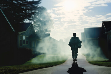 Coming Home. Silhouette of a soldier with a backpack coming back home - obrazy, fototapety, plakaty