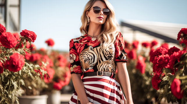 She stands confidently in a vibrant top, adorned with bold red florals.