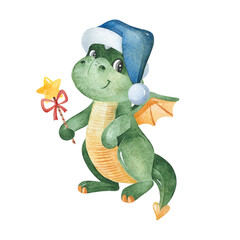 Watercolor winter illustration. Cute cartoon dragon with Christmas hat and candy. Symbol of the year 2024.Perfect for invitation,baby shower,print,textile,holiday,Christmas party,greeting.
