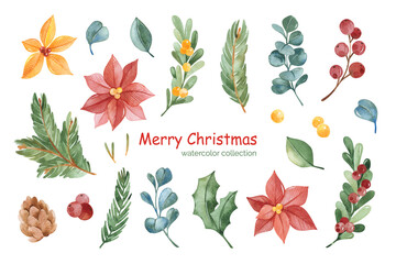 Watercolor Merry Christmas floral elements.Set with branches,leaves,berries,holly and poinsettia.Perfect for frames,bouquets,invitation,wedding,print,textile,holiday,Christmas party,patterns etc