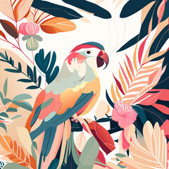 Parrot on the background of tropical leaves and flowers. 