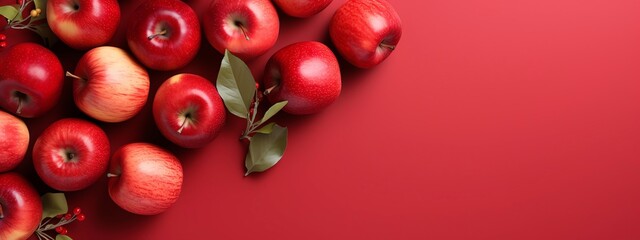 Red apples with leaves on red background