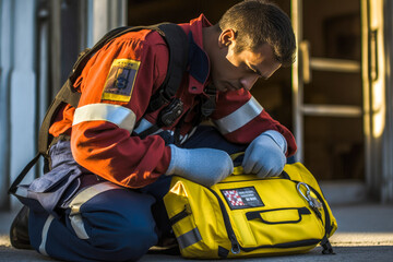 Young handsome paramedic checking a defibrillator, medical first responder at work