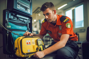 Young handsome paramedic checking a defibrillator, medical first responder at work - obrazy, fototapety, plakaty