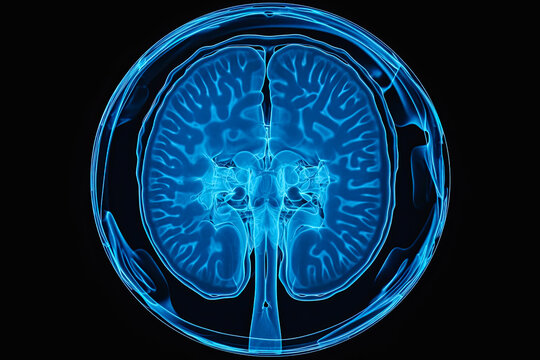 MRI brain scan with dangerous point of artificial intelligent in blue and black