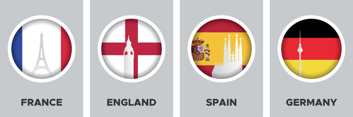 France England Spain Germany flag with skyline silhouette design, cityscape poster illustration, European country flags with landmark buildings & famous architecture