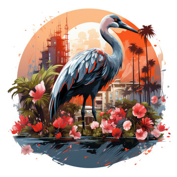 A captivating flamingo t-shirt design capturing the essence of a cityscape intertwined with nature, Generative Ai
