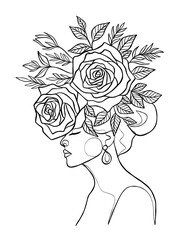 Continuous line drawing of woman with flowers on head. Vector illustration.