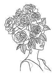 Continuous line drawing of woman with flowers on head. Vector illustration.