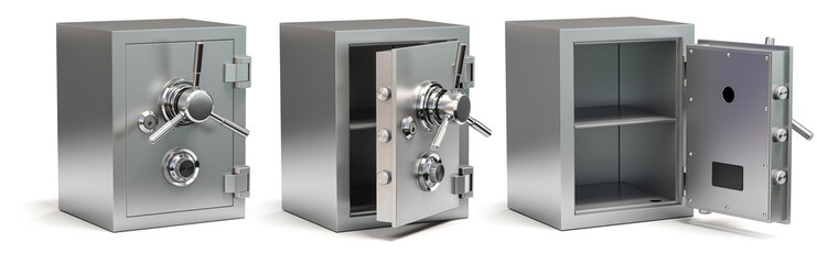 Empty open bank vault safe isolated on white. Security and protection. - obrazy, fototapety, plakaty