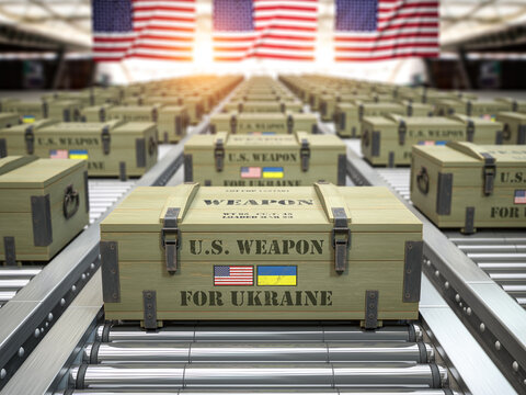 Military production, supply and delivery USA american weapon for Ukraine. Weapon box with flags of USA and Ukraine on conveyor belt.