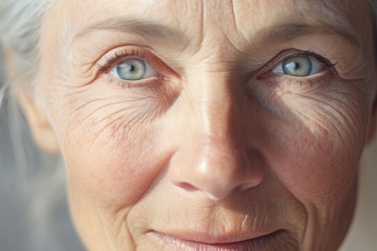 Generative AI illustration portrait body part elderly female with grey hair looking at camera on blurred white background