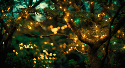 Trees Illuminated with Lights: Festive Tree Closeup